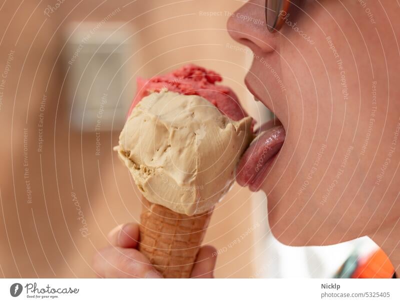 young attractive woman licking ice cream Ice Woman youthful Young woman Tongue pretty Summer Italian Tuscany Ice cream Pistachio Strawberry ice cream Waffle