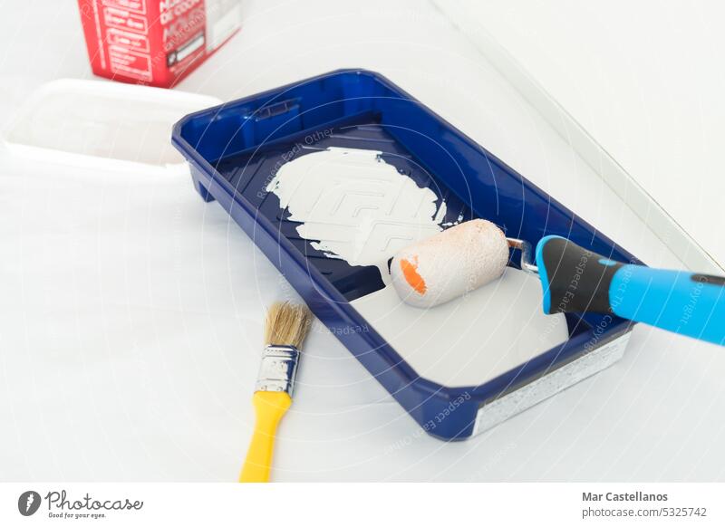 Painting a white wall with a paint roller in a blue tray. Home painting work. house paint job painter decorator brush renovation coor room background close up