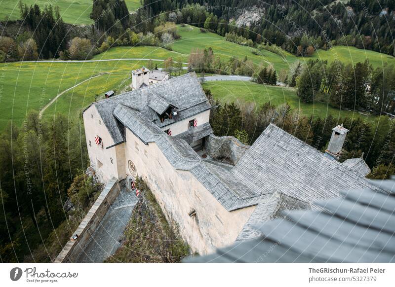 castle from above with meadow and forest in background Lock Roof epic Old steeped in history Castle Colour photo Exterior shot Deserted Architecture