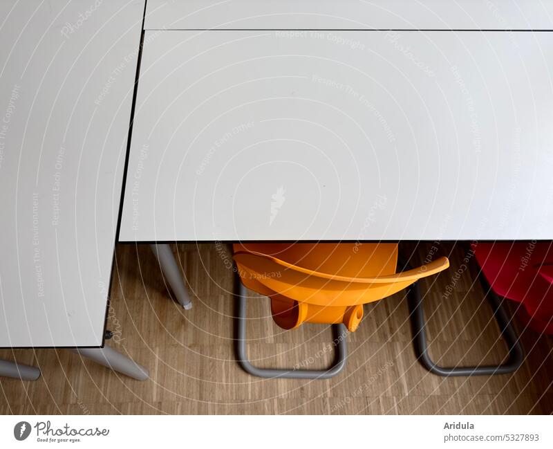 Empty table group with two chairs from bird's eye view Table School desk Desk Chair Classroom Education Study Room Furniture Interior shot Sit Student pupil