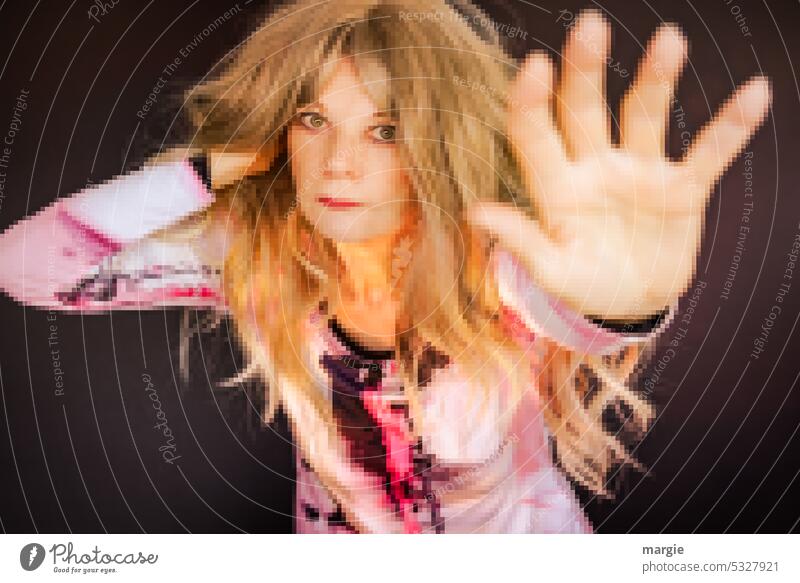 Stop. Defensive blonde woman, pixelated Woman Hand blonde hair portrait Looking Blonde Face Fear Defend Young woman Long-haired Adults long hair Feminine Panic
