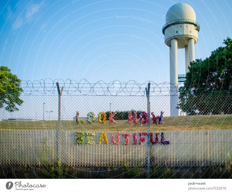 LOOK HOW BEAUTIFUL Subculture Cloudless sky Beautiful weather Airport Berlin-Tempelhof Radar station Typography Creativity Barbed wire fence Fence