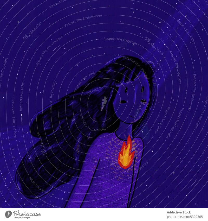 Calm woman with burning heart against starry sky night fire illustration passion love concept symbol flame creative glow evening bright dark abstract illuminate