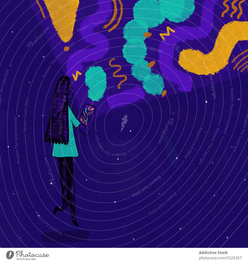 Bright illustration of woman using smartphone on purple background social media internet creative network concept addict connection female mobile device
