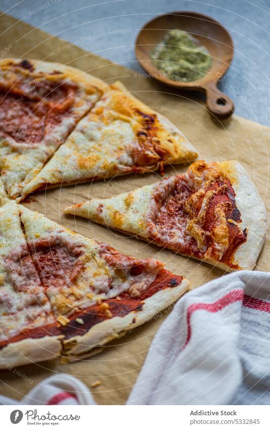 Fresh baked homemade pizza Italy Margherita cheese cuisine dough eat eating food fresh gourmet handmade herb italian lunch margarita meal paper slice spice