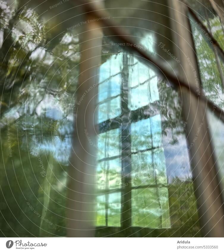 Insight and view through old lead windows Window House (Residential Structure) Old Glass Pane outlook Transparent Reflection Window pane Structures and shapes