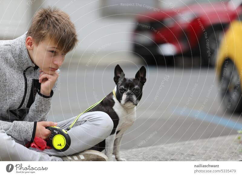 Boy with the dog Dog breed of dog Puppydog eyes Joy Man and dog Human being boston terrier French Bulldog free time pretty Animal Mammal Friendship Love Pet fun