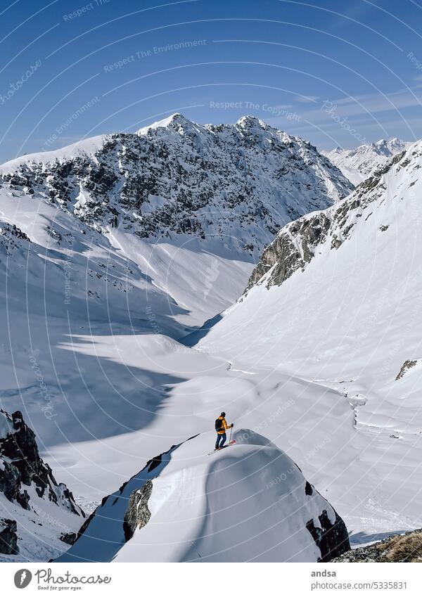 Skier standing on rock in alps and looking at mountain world Touring skis mountainous Mountain Massive Snow Winter outlook Panorama (View) go on tour