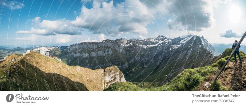 Mountains at dusk Rock Switzerland appenzellerland Stone Hiking touristic Exterior shot Tourism Colour photo Alpstein Nature Sun Grass tourist region mountains