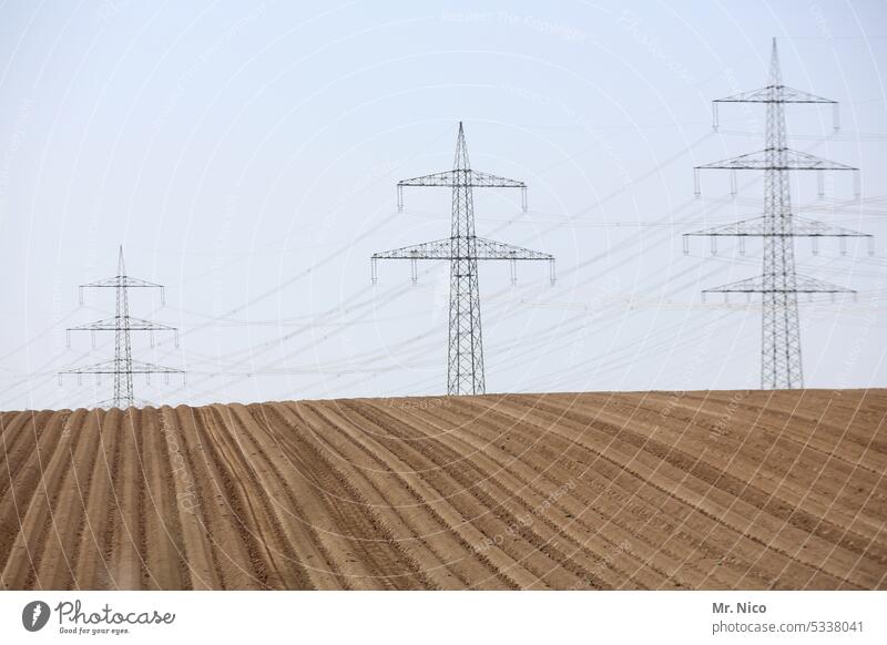 energy field Electricity Environment Agriculture Field pylon Energy stream Growth Electricity pylon High voltage power line Sky Rural Power poles Hill