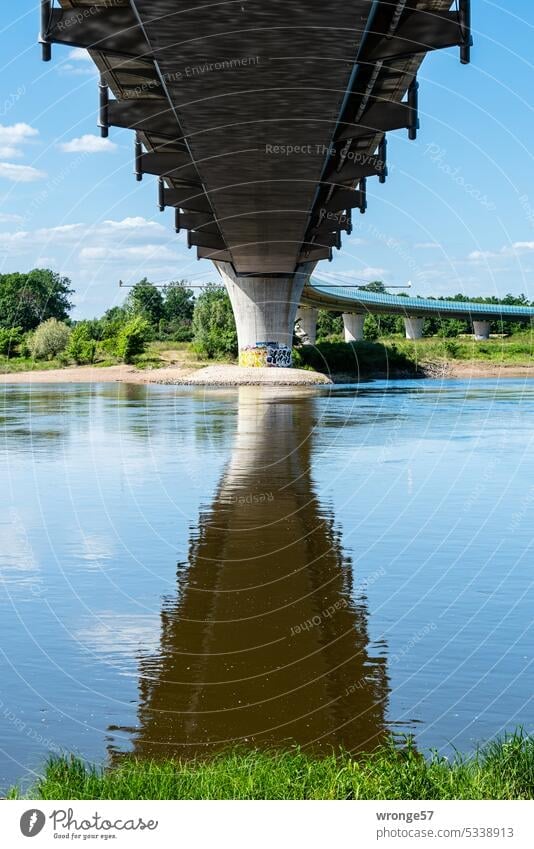 Building bridges across the Elbe bridge building Bridge River Worm's-eye view Road traffic Exterior shot Sky Water Deserted Architecture Colour photo