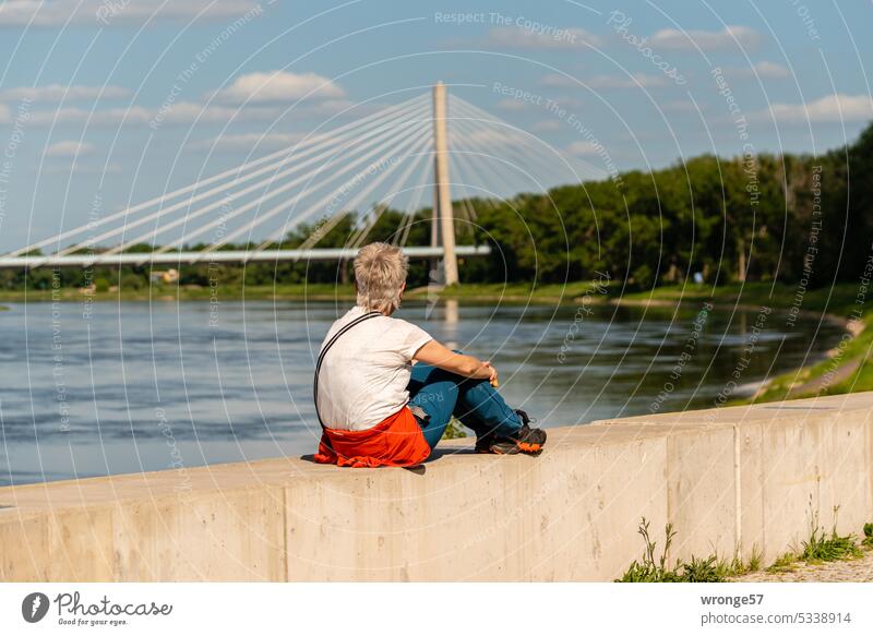 A woman sitting on a wall looks at a bridge over the Elbe in the distance Woman seated woman back view contemplation look at Far-off places Bridge Phylon Bridge