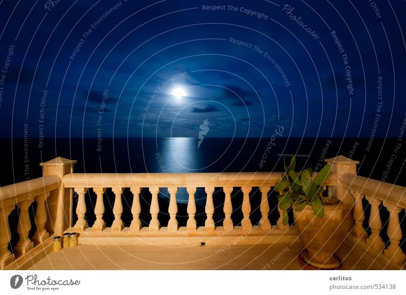 The moon, ladies and gentlemen, Elements Earth Air Water Sky Night sky Moon Full  moon Beautiful weather Ocean Balcony Terrace Esthetic Column Handrail