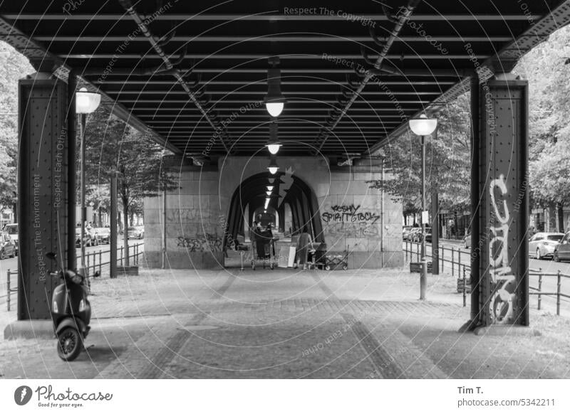 Homeless under the viaduct Prenzlauer Berg Poverty b/w Schönhauser Allee Berlin Capital city Town Downtown Exterior shot Old town Black & white photo Day