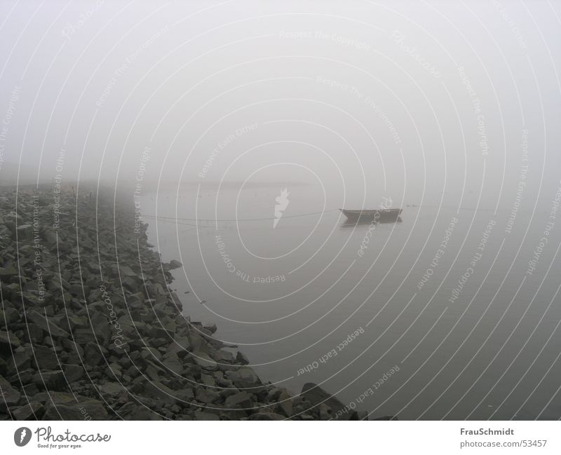 grey fog day Fog Watercraft Grief Bad weather Gray Elbe River Sadness Loneliness Stone Coast Calm