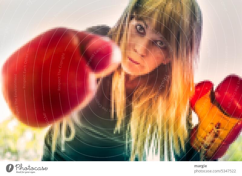 Stop! woman in boxing training with boxing gloves, pixelated Woman Boxing - Sport Sports Training Athletic Fitness Adults Healthy workout Sportswear Attractive