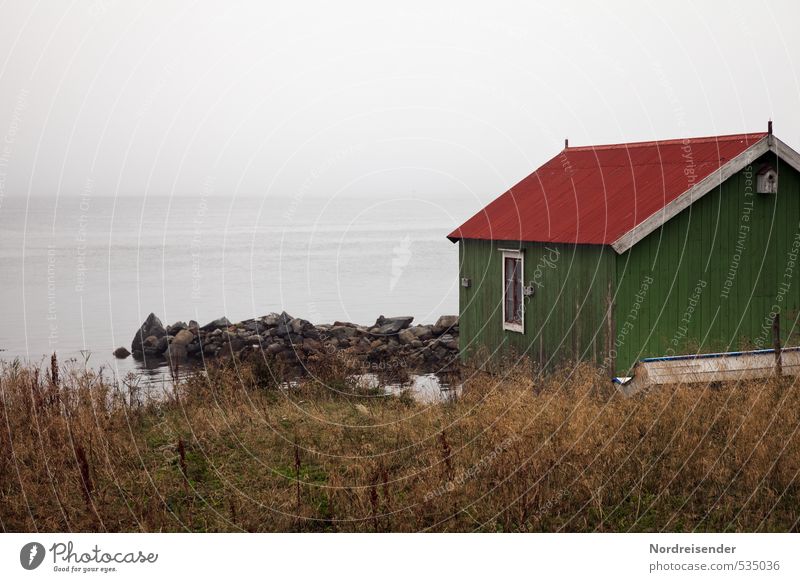 Lofoten, lead grey sea Calm Meditation Tourism Ocean Elements Bad weather Fog Rain Fishing village House (Residential Structure) Hut Architecture