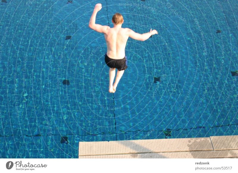 Jump from five Joy Summer Swimming pool Water Cold Wet Blue Brave Springboard Five meter board Open-air swimming pool Colour photo Exterior shot Morning