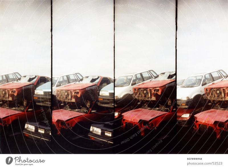 Trash Scapes III Broken Red White Black Car Stack Sky Lomography Scrap metal Wrecked car Scrapyard Ready for scrap Consecutively