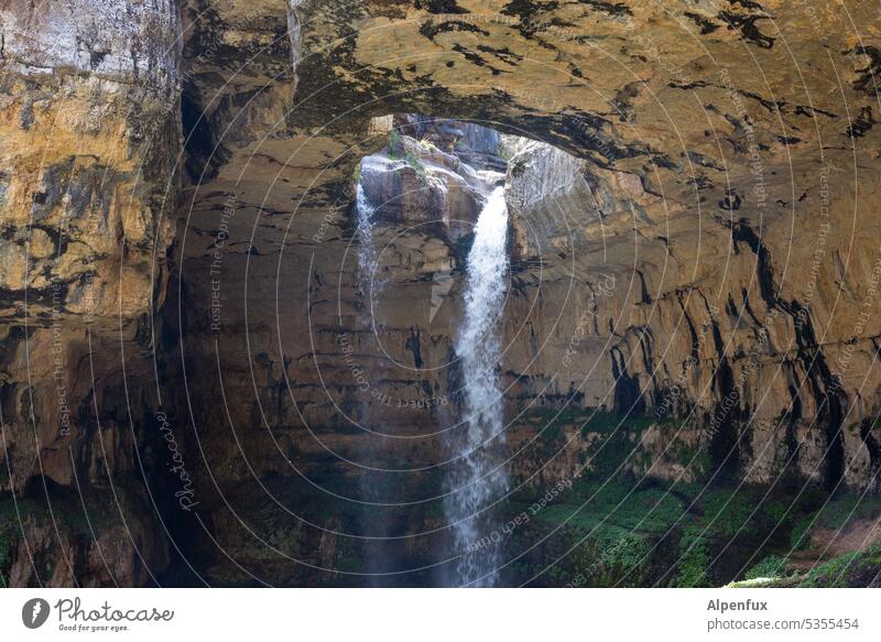 leak II Waterfall Cave Nature Stone Colour photo Rock Flow Exterior shot River Brook Wet naturally Elements Mountain Green Canyon Force Deserted Hissing Wild