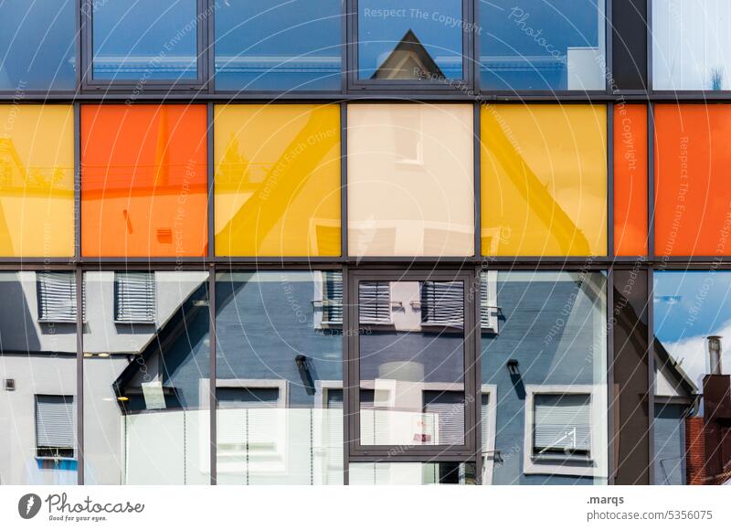 House in house Facade Modern Architecture Reflection House (Residential Structure) Old Contrast New New building Orange Yellow Glas facade Modern architecture