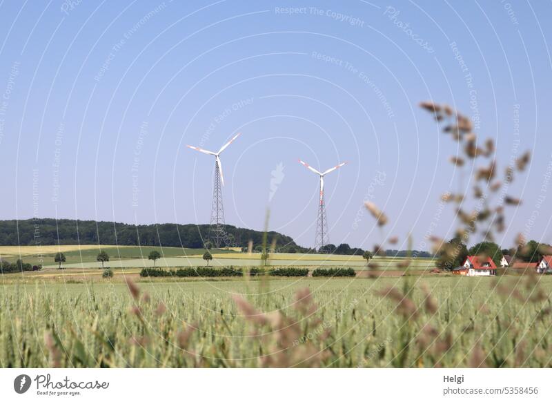 Village landscape with fields,meadows,trees and 2 wind turbines in background Landscape Nature Environment Field Meadow Tree Pinwheel Wind energy plant