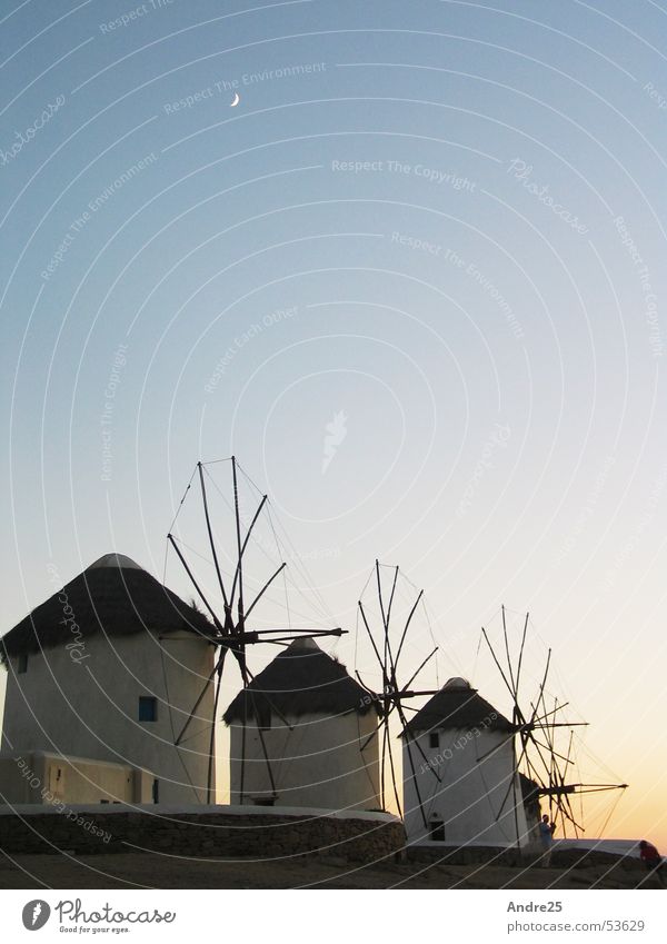 Windmills on Mykonos Greece Dusk Calm Vacation & Travel South Moon Architecture