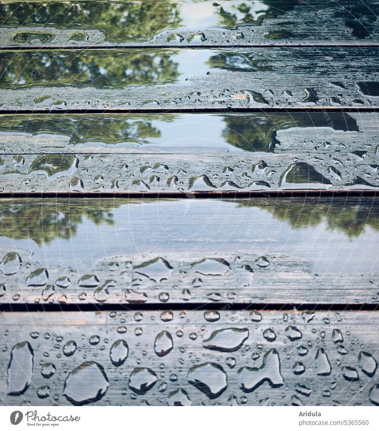 The rain is over, slowly the | gray in gray disappears Rain Water Drops of water Wet Weather Puddle Table Reflection Spiegek Rainy weather trees Sky reflection