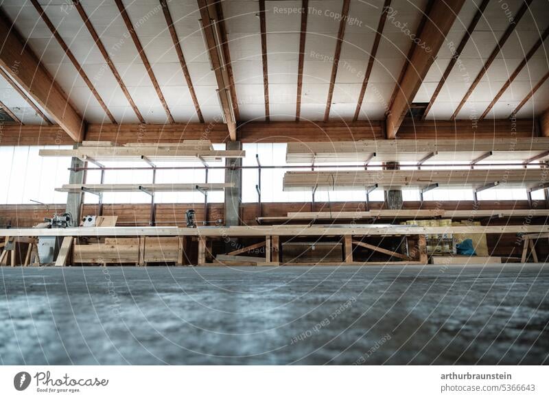 Carpentry workshop hall tidy and ready for processing wood Carpenter carpentry Workshop Wood Lumber industry wood workshop Wood-based materials Ground