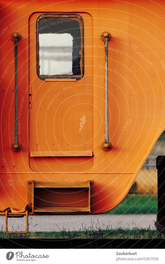 Door of a railroad vehicle in orange, handle bars, minimalist door Track Railroad vehicle Orange handles shape structures Abstract Industry Industrial monument