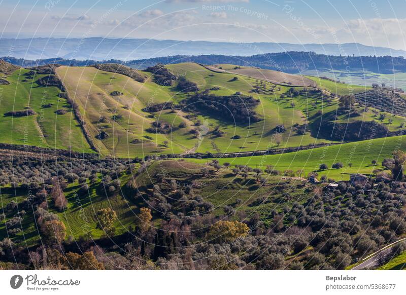 Landscape of valley and fields in Morgantina scenery hill italian rural scenic italy sicily aidone enna morgantina island southern wild wildfire central