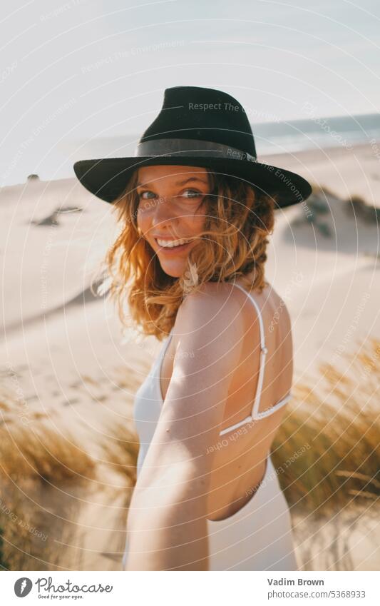 portrait of a woman in the hat beach girl sea summer vacation water beauty sun travel people ocean body sand leisure holiday fashion tropical lifestyle