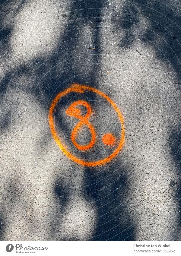 8. Eight number Eight point Circle encircled Asphalt Sign Orange orange Digits and numbers Light and shadow Sunlight Signs and labeling Structures and shapes