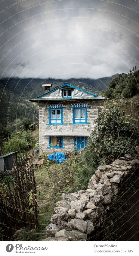 blue elements Landscape Clouds Fog Mountain Village House (Residential Structure) Detached house Wall (barrier) Wall (building) Window Safety (feeling of) Blue