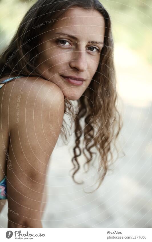 side portrait of young beautiful brunette smiling woman with dimples in bikini on beach warm Summery Beautiful weather proximity Day Self-confident Youthfulness