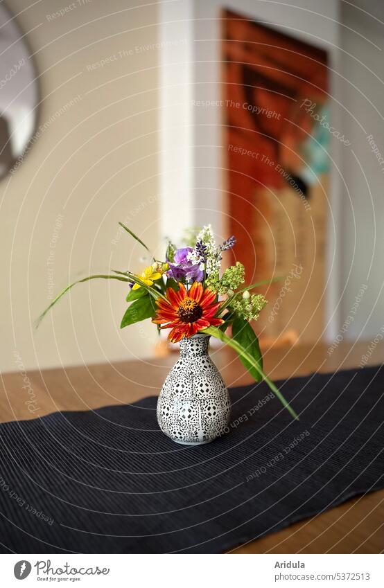 Small colorful garden flowers bouquet on dining table Bouquet Ostrich Flower Blossom Decoration Interior shot Table Dinner table Living room Dining room Vase