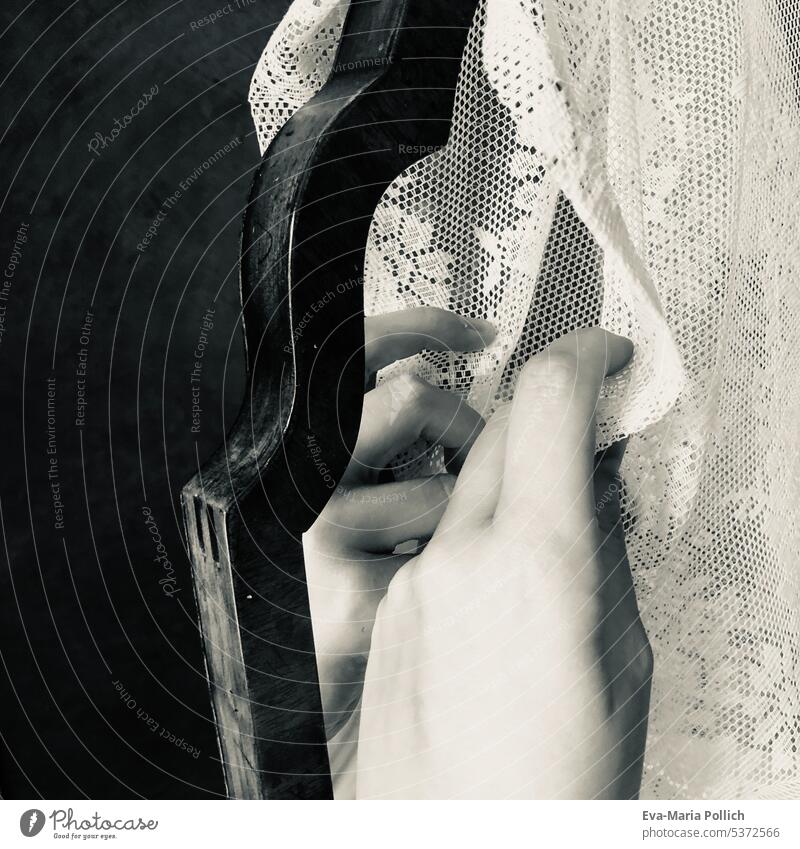 a hand pulling a white lace veil from a mirror Black & white photo gray color Mirror image Feminine reflection Hand Frame Reflection Bedroom curtains Point