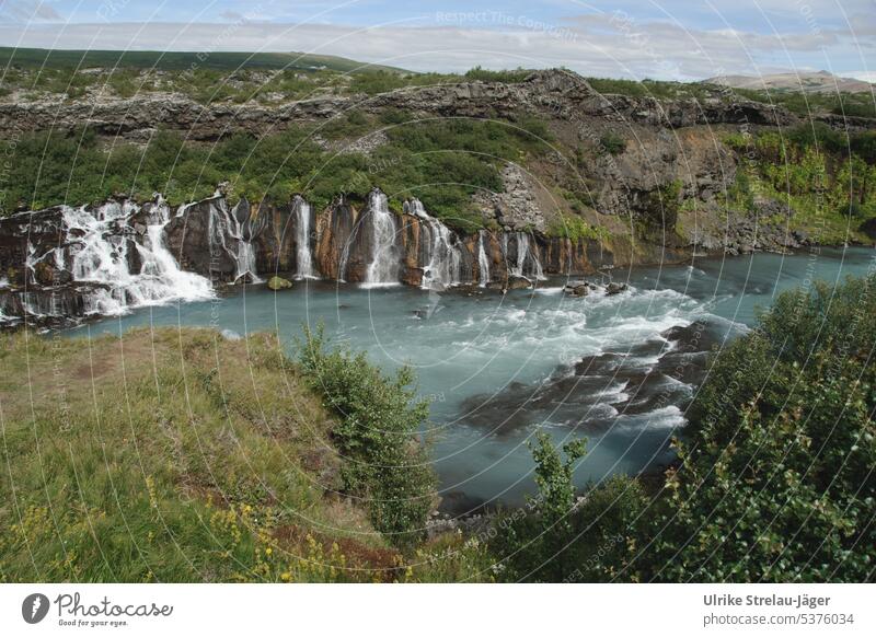 Iceland Hraunvoss | waterfalls emerge directly from a lava field Waterfalls plummeting Lava field River Landscape Volcanic volcanic rock Green Turquoise Blue