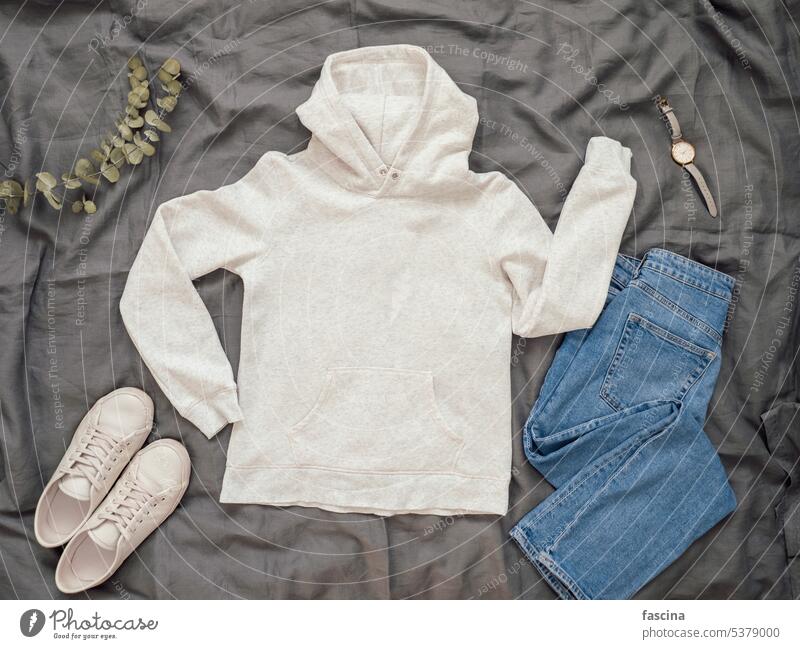 White hoody mock up, copy space for print design mockup flat lay template white blank clothes casual clothing fashion cotton front wear textile background