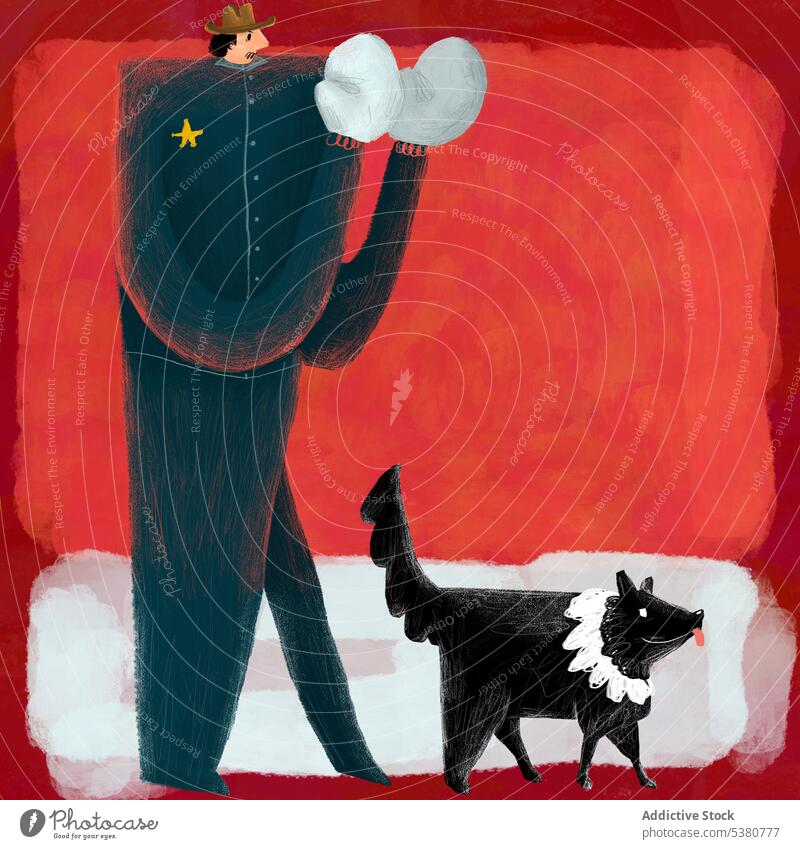 Huge man with dog on red background uniform illustration walk power animal concept style hat glove costume male pet art work artwork big friend friendly