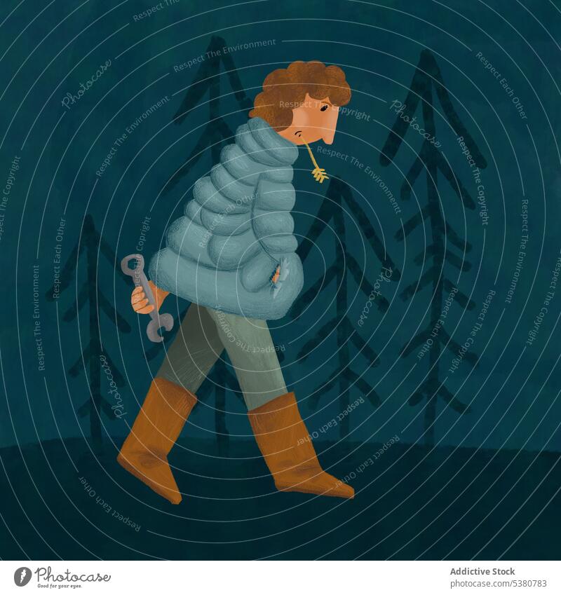 Sad woman walking with spanner in dark forest cartoon illustration upset nature wrench creative character female sad template problem woods warm clothes calm