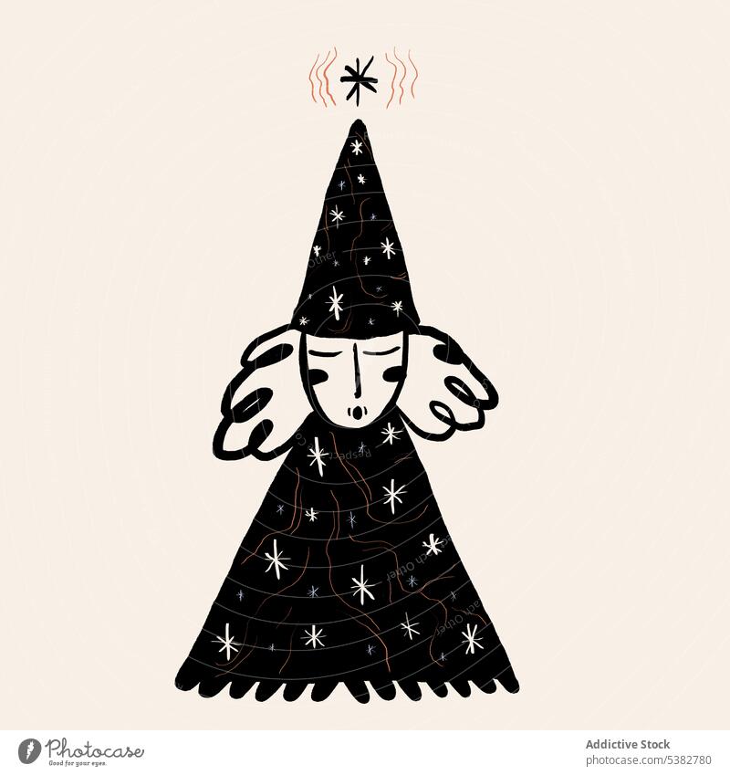 Drawing of dreamy magician in pointed hat cartoon drawing creative fantasy illustration graphic imagine imagination headwear cloak fairytale design ink image
