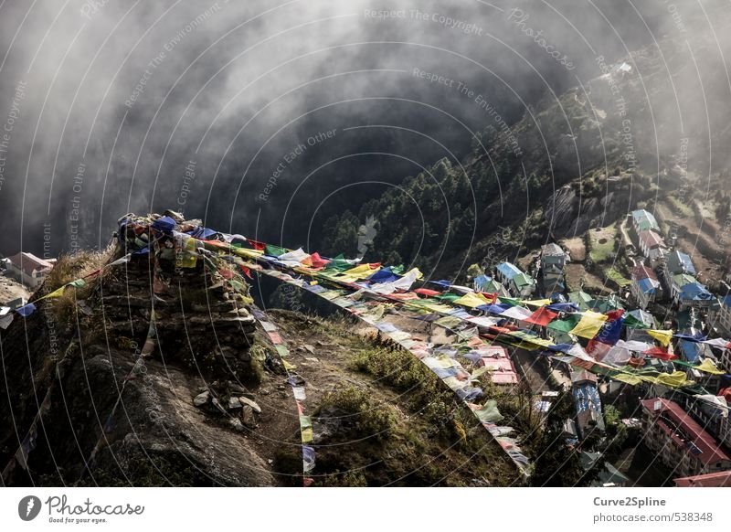 High Top Landscape Fog Mountain Village House (Residential Structure) Religion and faith Nepal Himalayas Namche Bazaar Prayer flags Lanes & trails Multicoloured