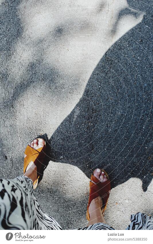 Me, with wind from behind Woman Dress Wind Shadow Exterior shot Feminine Skirt black-and-white B/W feet Sandals Summer Sun Summery In transit Going Stand