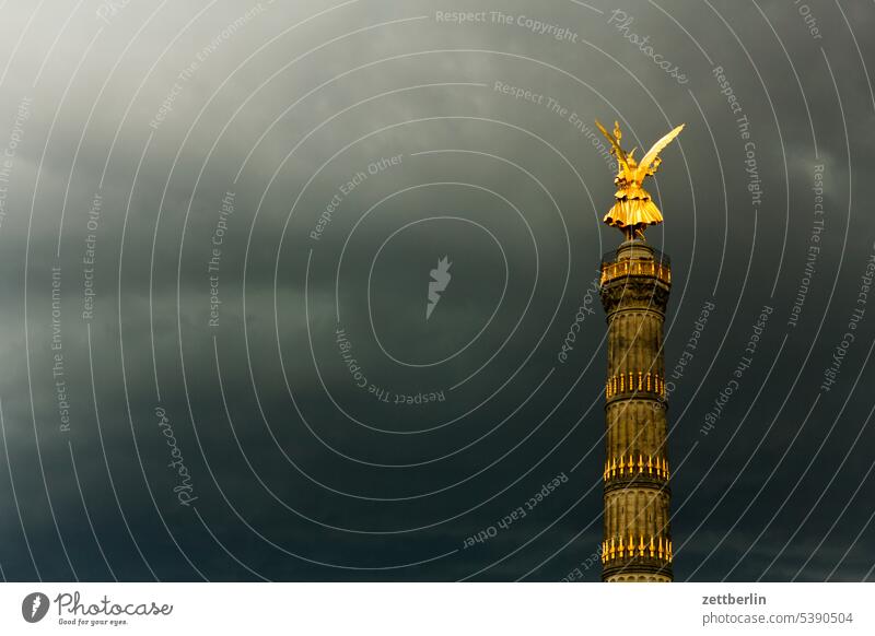 Victory column in front of thundercloud Evening Tree Berlin leaf gold Monument Germany Twilight else Closing time Figure Gold Goldelse victory statue big star