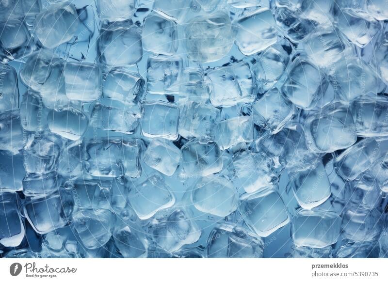Fresh ice cubes to chill drink. Frozen pure water. Clear ice cubes background. Top view of ice pieces on table frozen cold icy white cool transparent blue