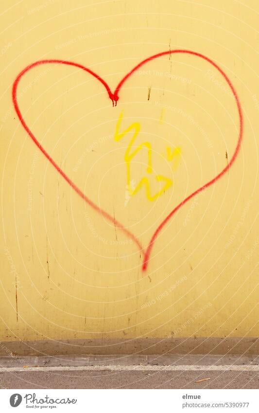 Permanent I a heart - painted with red on a yellow wall Heart Heart-shaped Declaration of love Love token of love Romance Wall (building) Damage to property