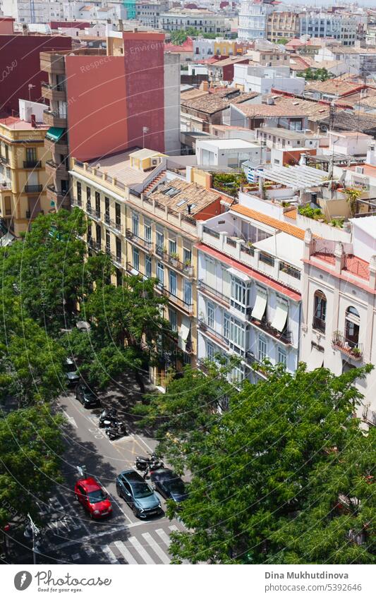 Aerial view of Botanic district in  Valencia, Spain. Cityscape from above. Heatwave in summer in Europe. ancient apartment building architecture area basilica