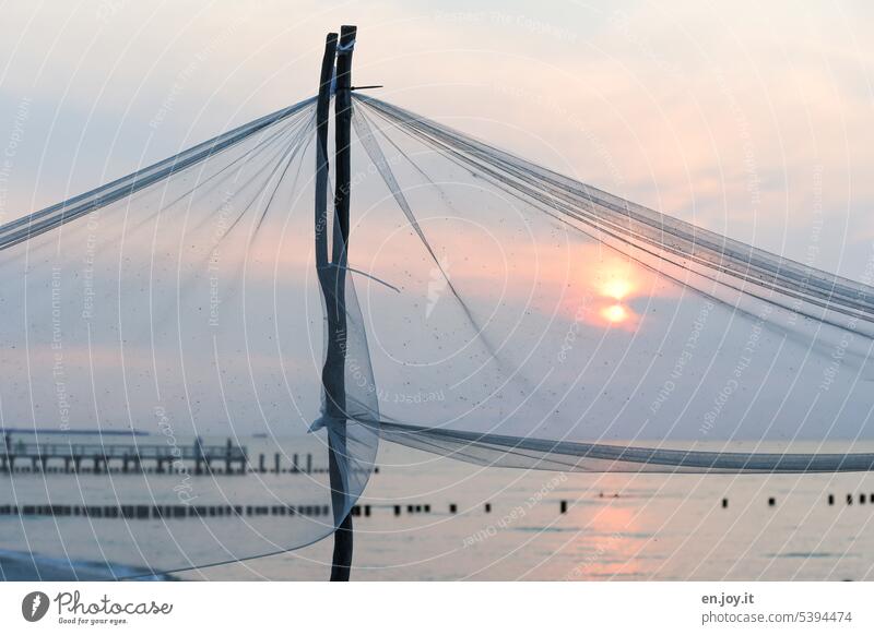 Fishing net in front of Baltic Sea with cloudy sunset Net Dry Ocean Baltic coast Horizon Water Sky Sunset Clouds Twilight Evening wooden walkway groynes