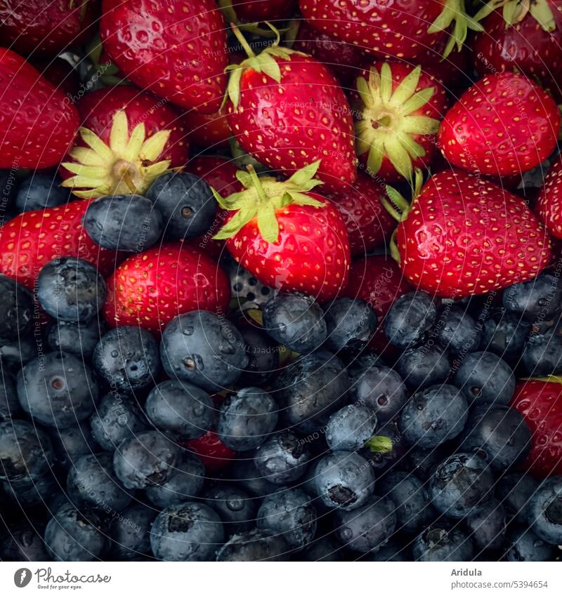 Fresh strawberries and blueberries Strawberry Blueberry Harvest Laundered Delicious Fruit Food Summer Healthy Berries cute Red Healthy Eating Vitamin